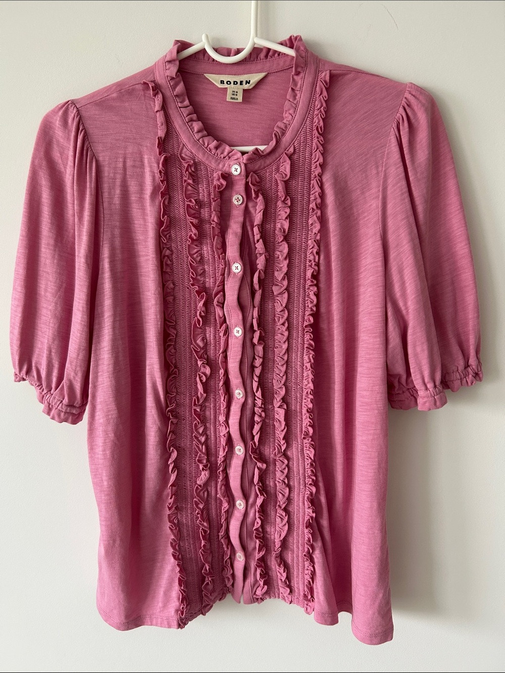 Boden Eda Ruffle Front Pink Knit Jersey Puff Sleeve Blouse Size US 12